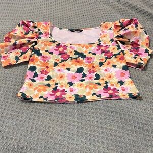 SHEIN Floral Puff Sleeve Crop Top - Pink and Yellow